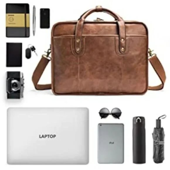 NEW Brown Leather Briefcase 15.6 Inch Laptop Bag Travel Messenger Bag - Picture 9 of 11